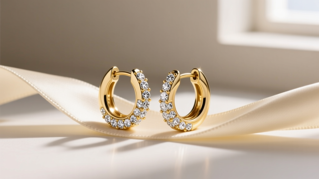 Two pairs of matching 14k gold huggie earrings with pave diamonds resting on a cream silk ribbon under soft window lighting.