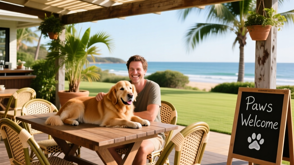 A pet parent and dog relaxing at an outdoor table at a dog-friendly restaurant in Noosa Heads.