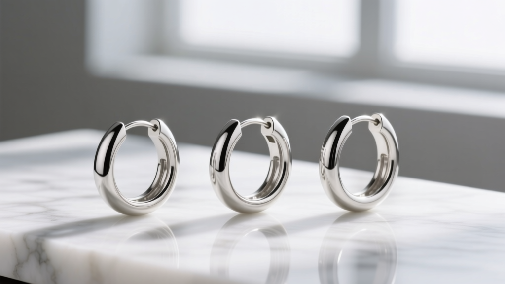 Close-up of three silver 25 mm hoop earrings in 20, 18, and 16 gauge thicknesses, laid side-by-side on white marble