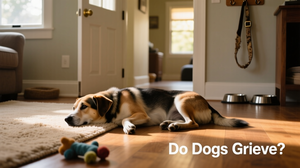 A dog lying awake on the floor, looking subdued and thoughtful