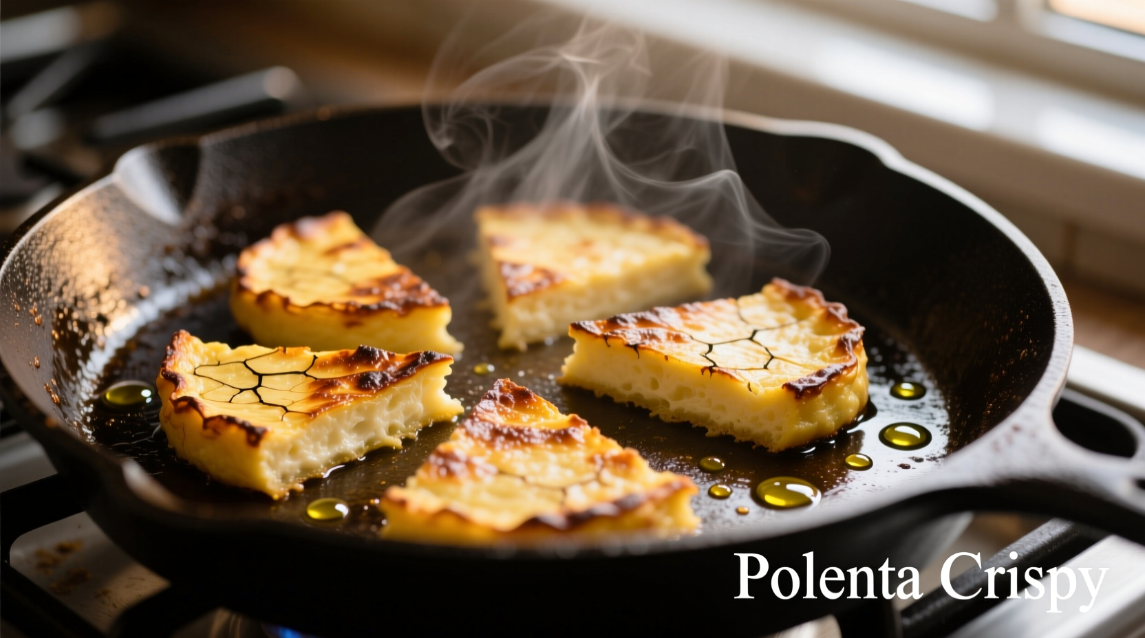 Golden brown polenta slices sizzling in a cast iron skillet