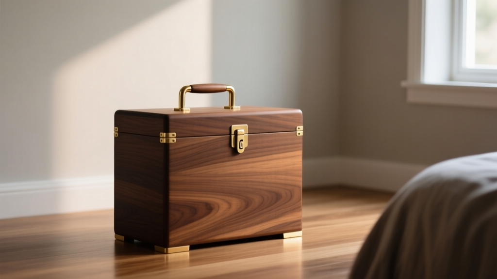 Tall solid walnut standing wood jewelry box with brass hardware on a hardwood floor against a softly lit minimalist bedroom wall