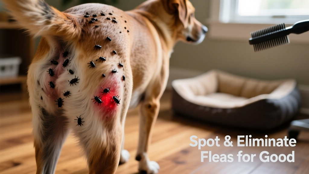 Close-up of a dog's skin showing flea dirt and red irritation near the tail base