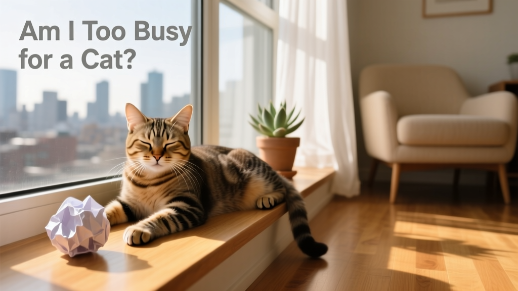 A relaxed cat lounging on a sunny windowsill with a toy nearby