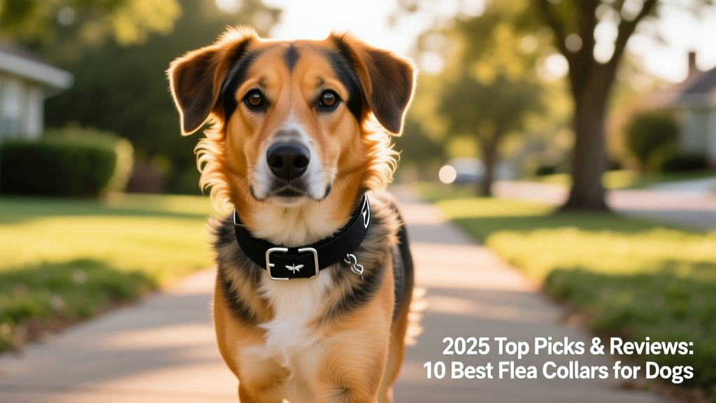 Close-up of a dog wearing a sleek, adjustable flea collar while walking outdoors