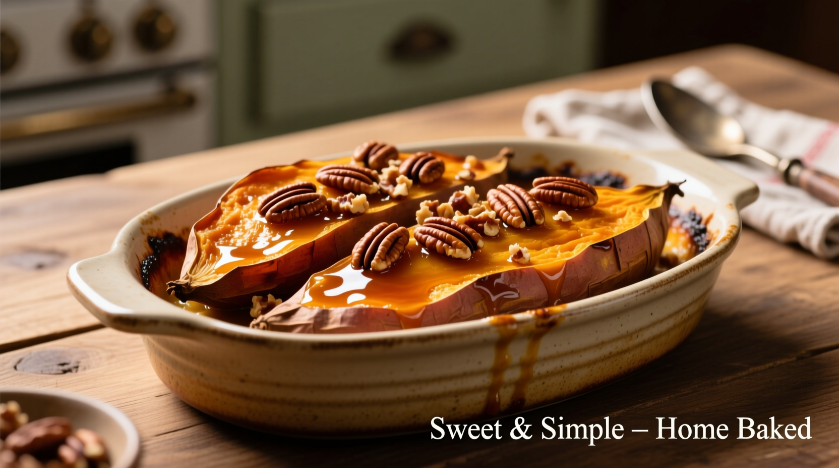 Golden candied sweet potatoes in baking dish with pecan topping