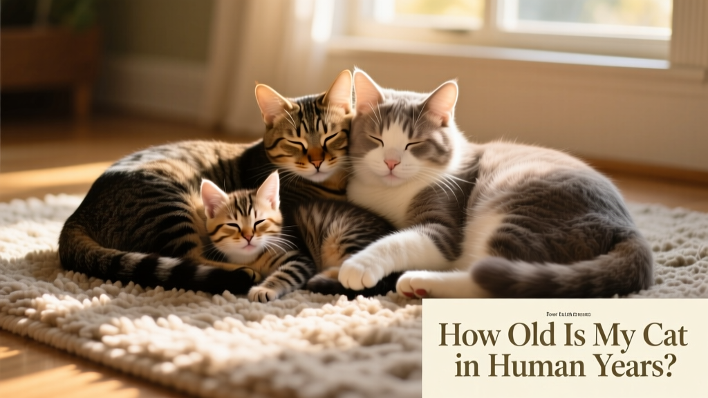 Happy multi-generational cat family: kitten, adult, and senior cat napping together on a soft rug