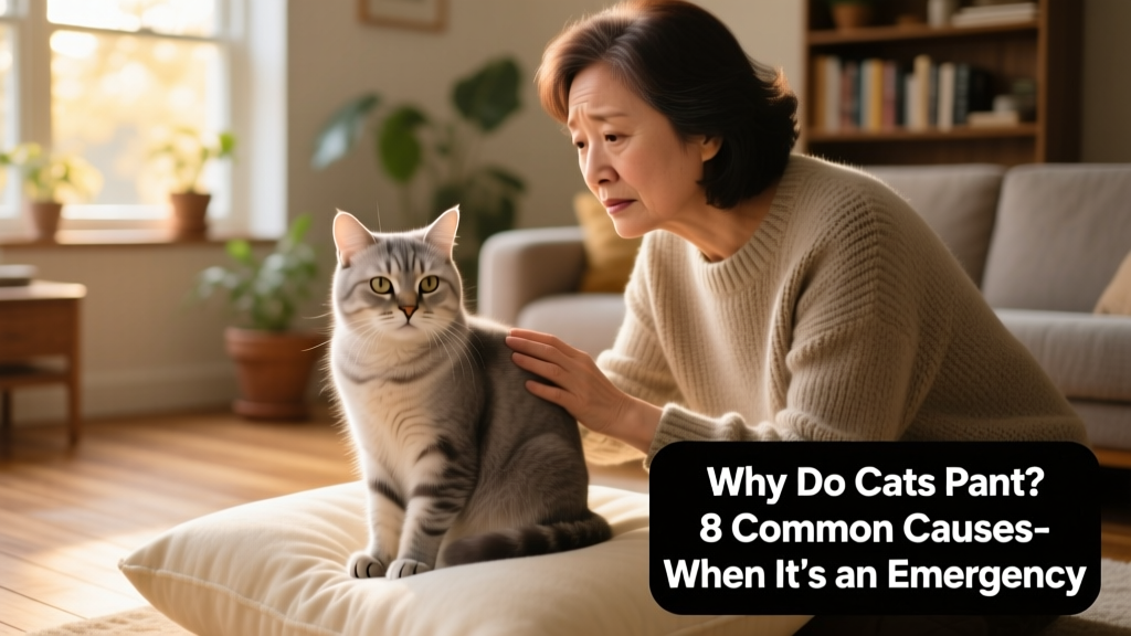 Senior cat sitting calmly on a soft cushion, being gently observed by owner