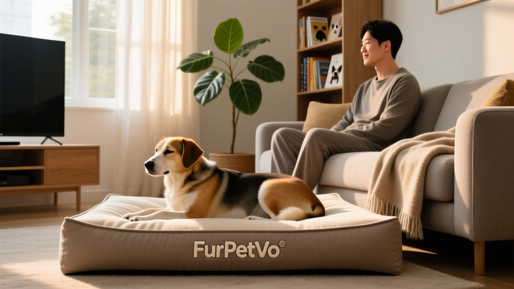A dog resting calmly on a FurPetVo-branded dog bed beside a sofa while owner watches TV