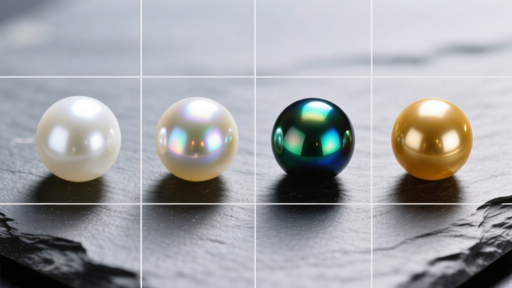 Macro comparison of four pearl types on slate: white Freshwater, glowing Akoya, peacock Tahitian, and a golden South Sea pearl.