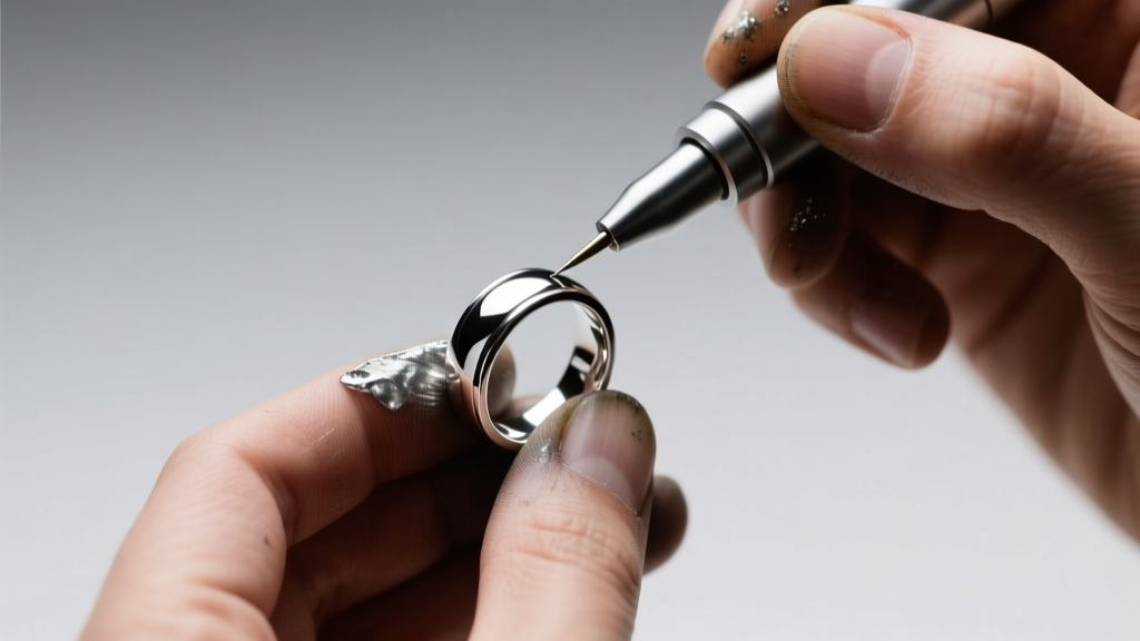 Jeweler applying rhodium plating to a sterling silver ring using an electroplating pen tool under bright, focused studio lighting