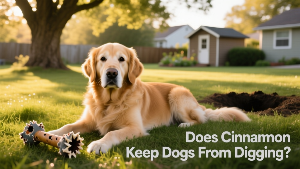 A calm, happy dog resting in a shaded, grassy area with a chew toy nearby