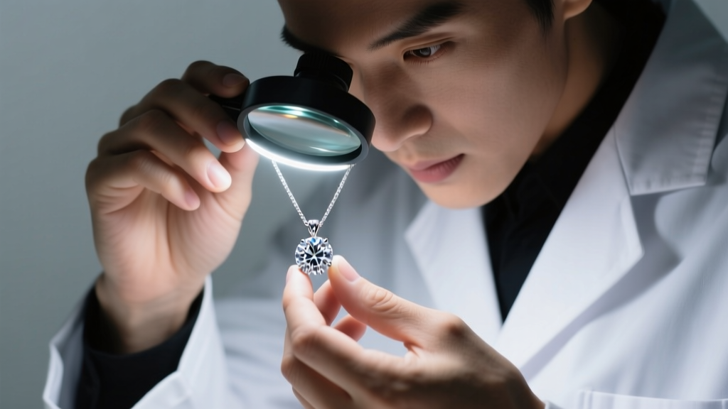 Jeweler using a 10x loupe to inspect a round brilliant diamond pendant girdle for laser inscriptions under bright LED lighting.
