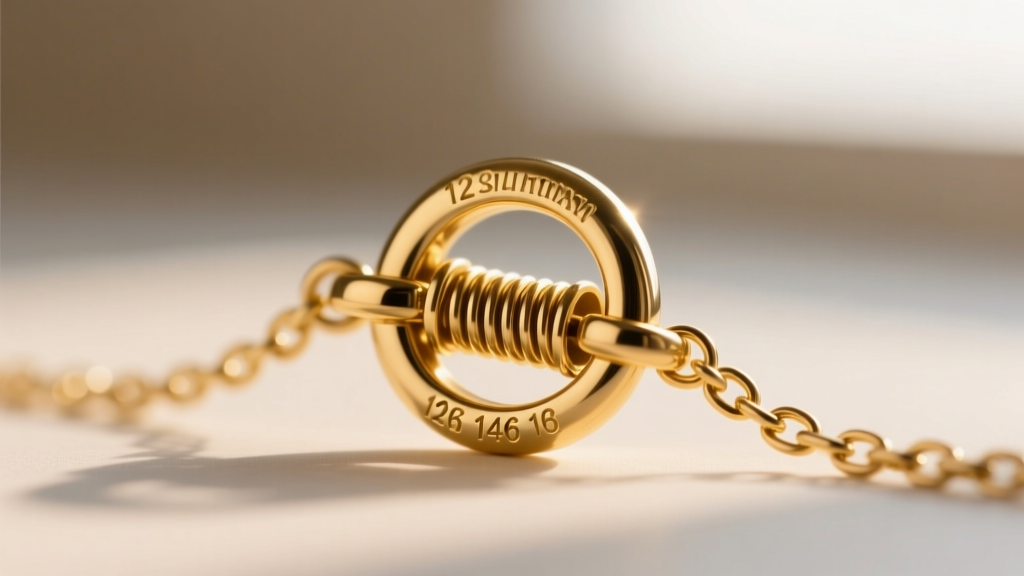 Macro shot of a 12mm 14k gold lobster clasp secured to a jump ring on a 16-inch chain, revealing the internal spring tension coil