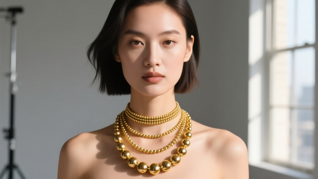 Model wearing a layered stack with a delicate 2mm gold bead choker, a 4mm mid-length strand, and a chunky 6mm gold bead lariat.