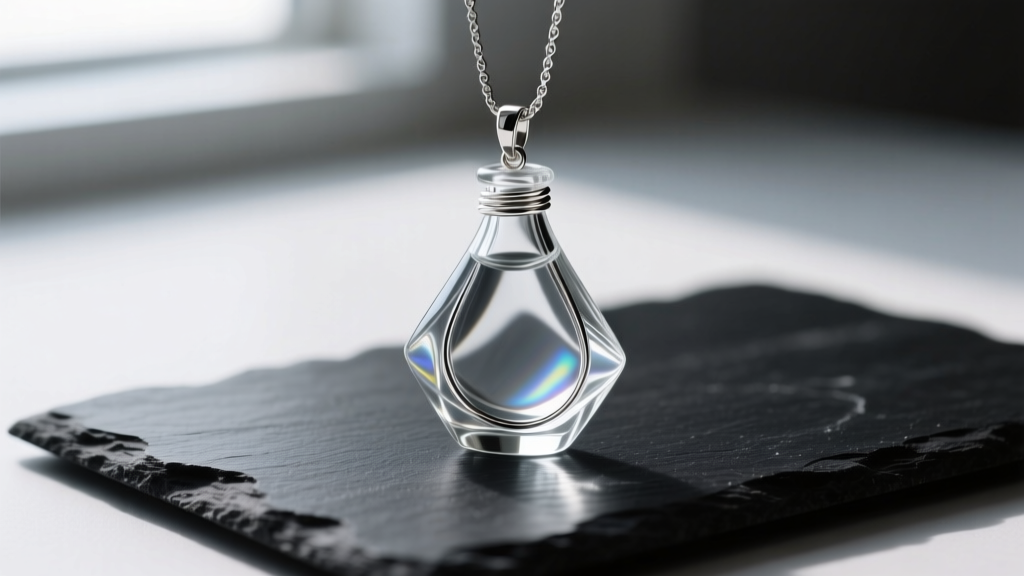 Macro shot of a clear borosilicate glass bottle necklace pendant on black slate, highlighting a sterling silver wire-wrapped bail.
