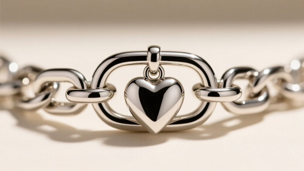 Macro shot of a platinum box chain clasp and thick prongs holding a heart pendant, showing secure metal construction