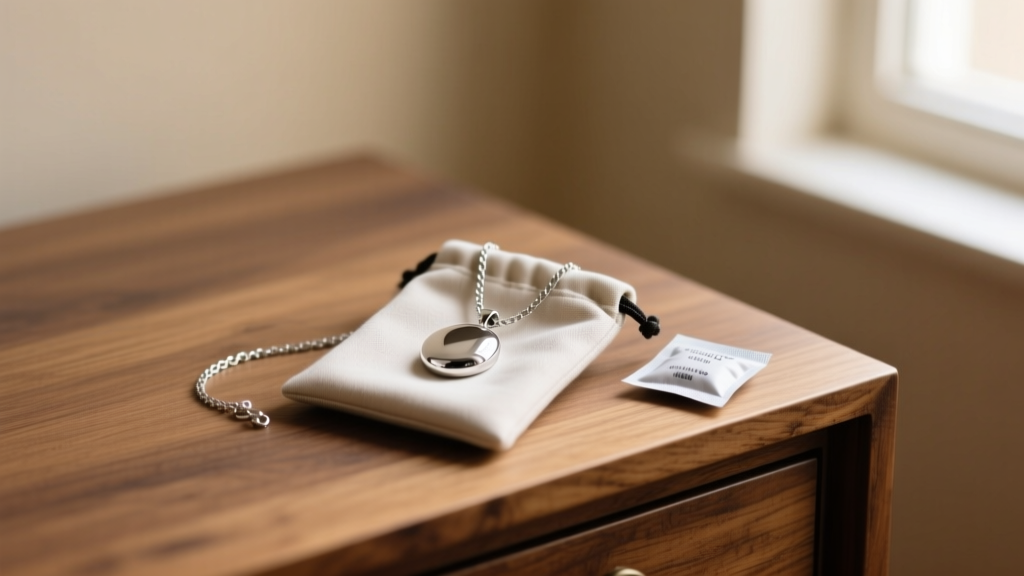 Silver pendant resting inside an anti-tarnish fabric pouch next to a desiccant packet on a wooden dresser top in soft lighting.