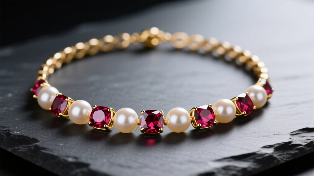 Elegant 14k gold ruby and pearl necklace on dark slate, featuring alternating 6mm Akoya pearls and 4mm faceted Mozambique rubies.
