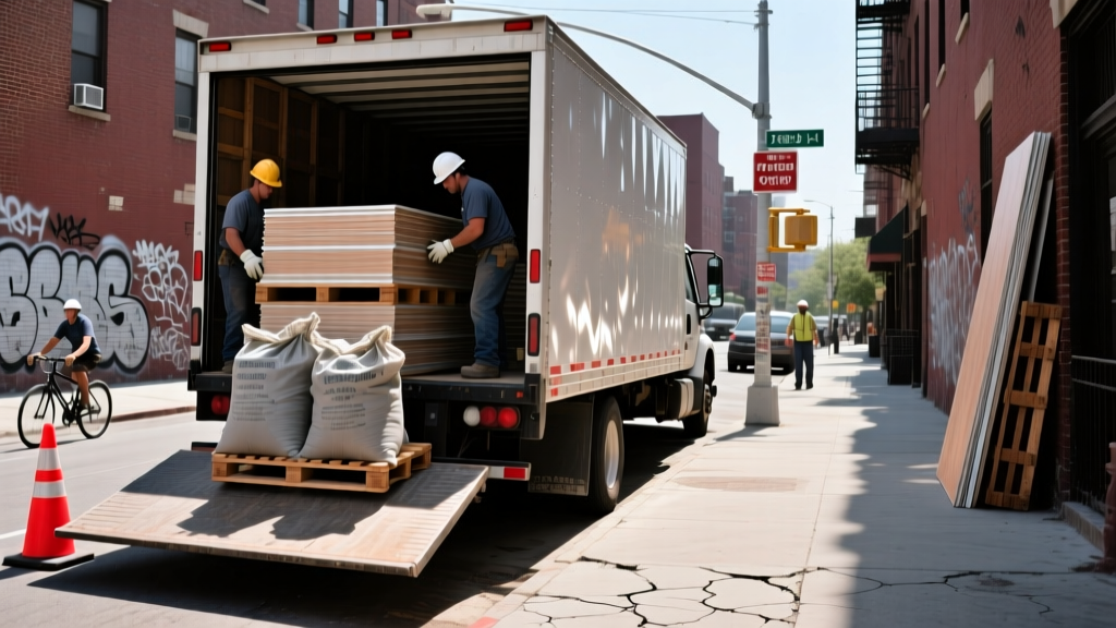 Pallet of fire-rated drywall and masonry cement being unloaded from a flatbed truck onto a narrow, bustling Bronx sidewalk for a retrofit project
