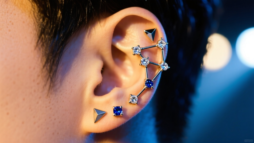 Macro shot of a Kpop idol ear curated with titanium flat-back studs and sapphire gems in a constellation layout under stage lights