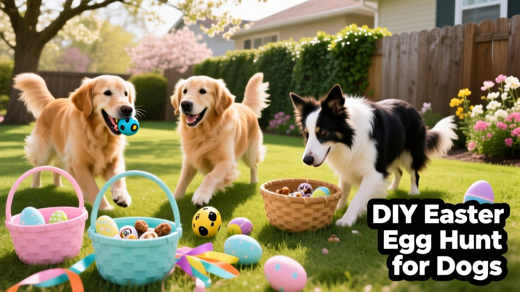 Three dogs happily interacting with scattered KONG Wobblers in a sunny backyard, with Easter baskets nearby