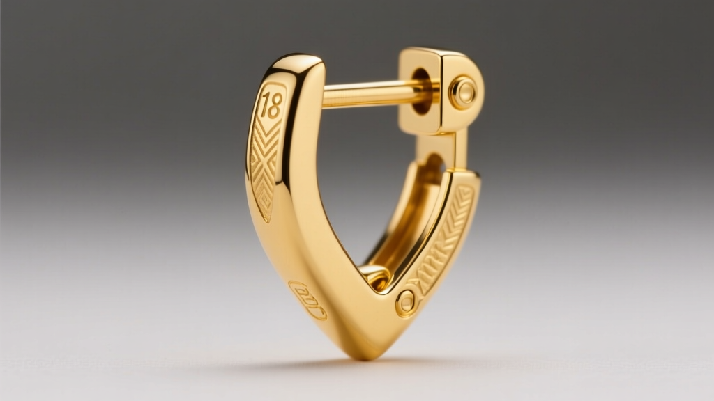 Macro photography of an 18k yellow gold earring latch back mechanism clicking into a precision V-notch catch under studio lighting.