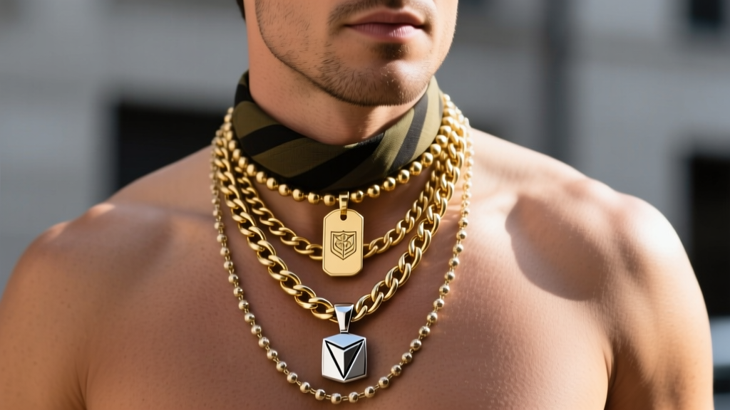 Man wearing a layered stack with a 24-inch ball chain military tag, an 18-inch gold Cuban link, and a minimalist signet pendant.