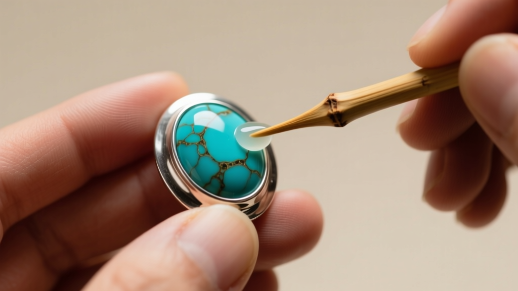 Jeweler using a bamboo skewer and mild soap to clean the silver bezel around a porous turquoise stone without touching the gem