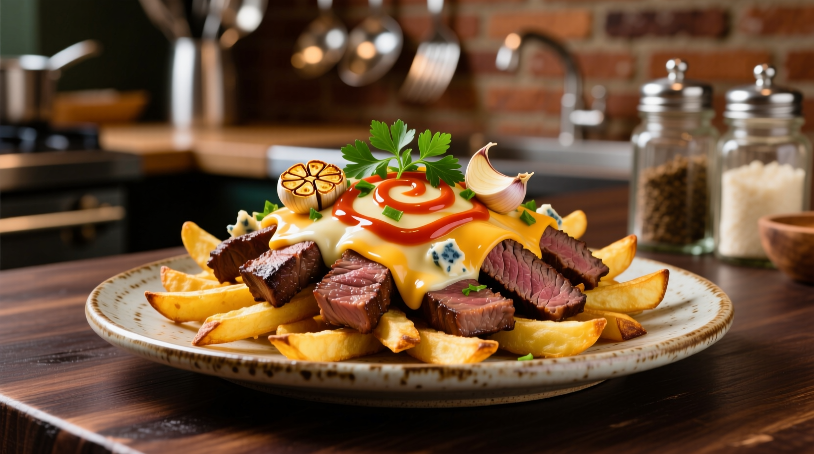 Steak garlic nacho fries served on ceramic plate