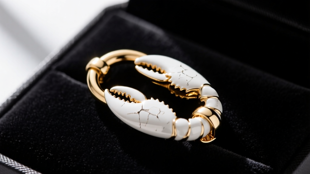 Macro shot of a white gold lobster clasp, showing rhodium plating and a secure jump ring connection on a dark velvet jewelry pad.