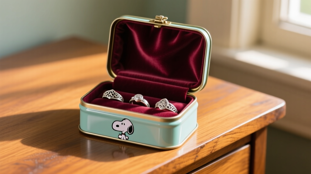 A vintage enameled tin Snoopy jewelry box on an oak dresser, lid open to reveal a velvet interior holding delicate silver rings.