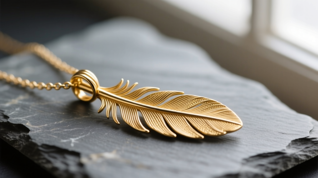 Macro shot of a 14k gold feather pendant necklace on slate, showing intricate lost-wax casting textures and fine barb details.