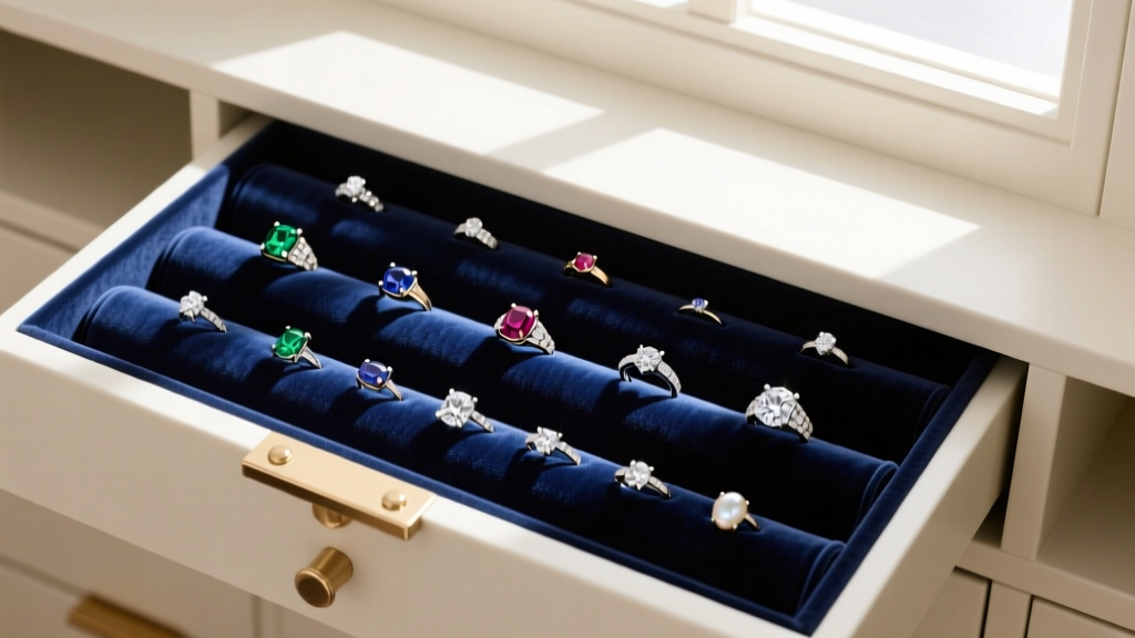 Top-down view of an armoire jewelry box drawer with 1.5-inch spaced velvet ring rolls holding various diamond and gemstone rings.