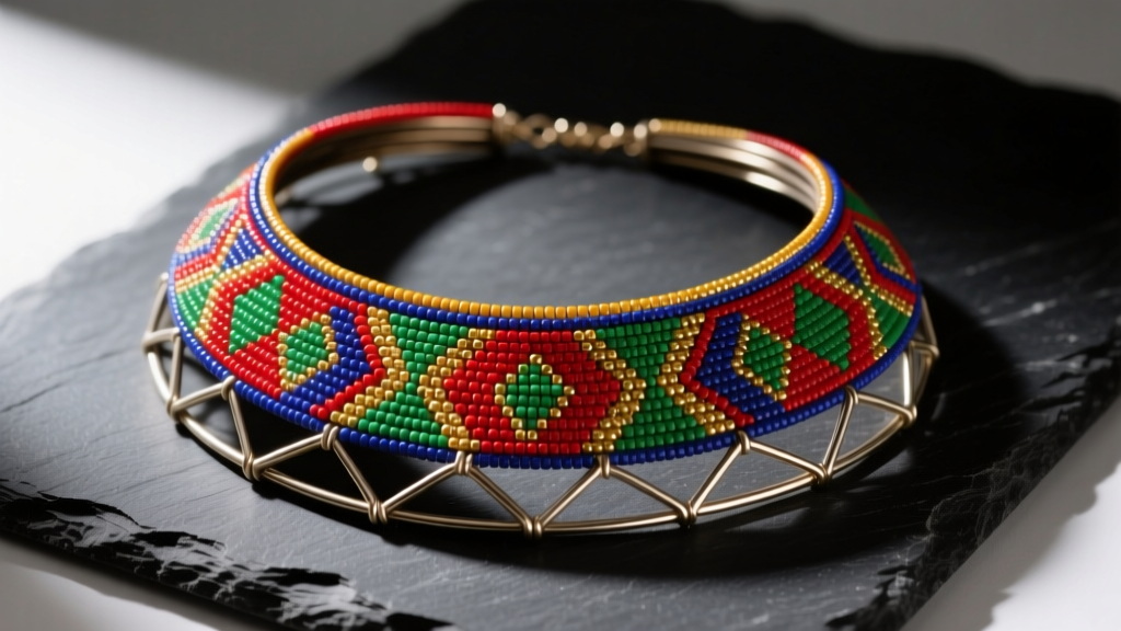 Vibrant Maasai beaded collar necklace on dark slate, highlighting intricate geometric seed bead patterns and thick wire framework.