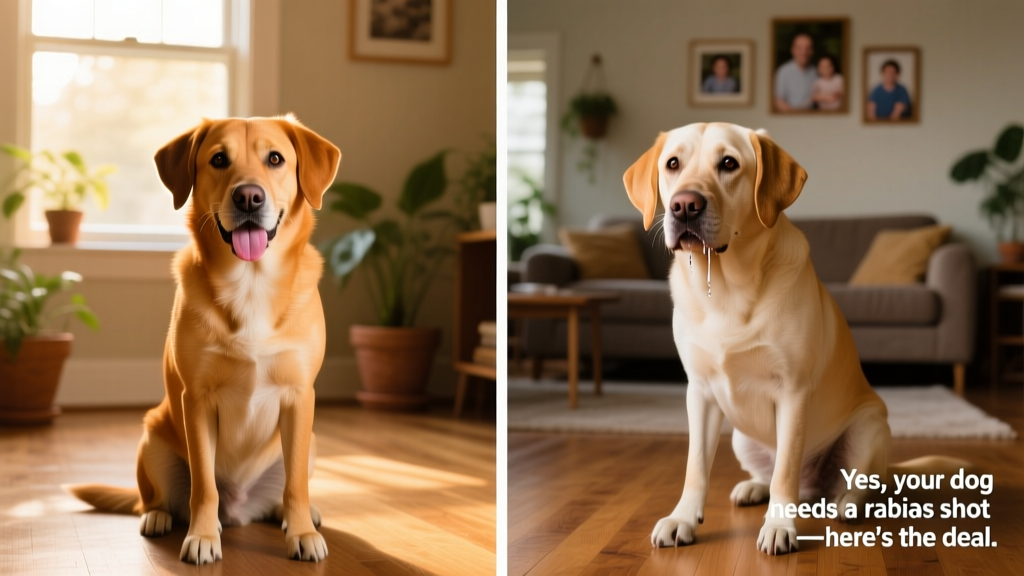 Side-by-side comparison showing healthy dog behavior versus early rabies symptoms like drooling and disorientation