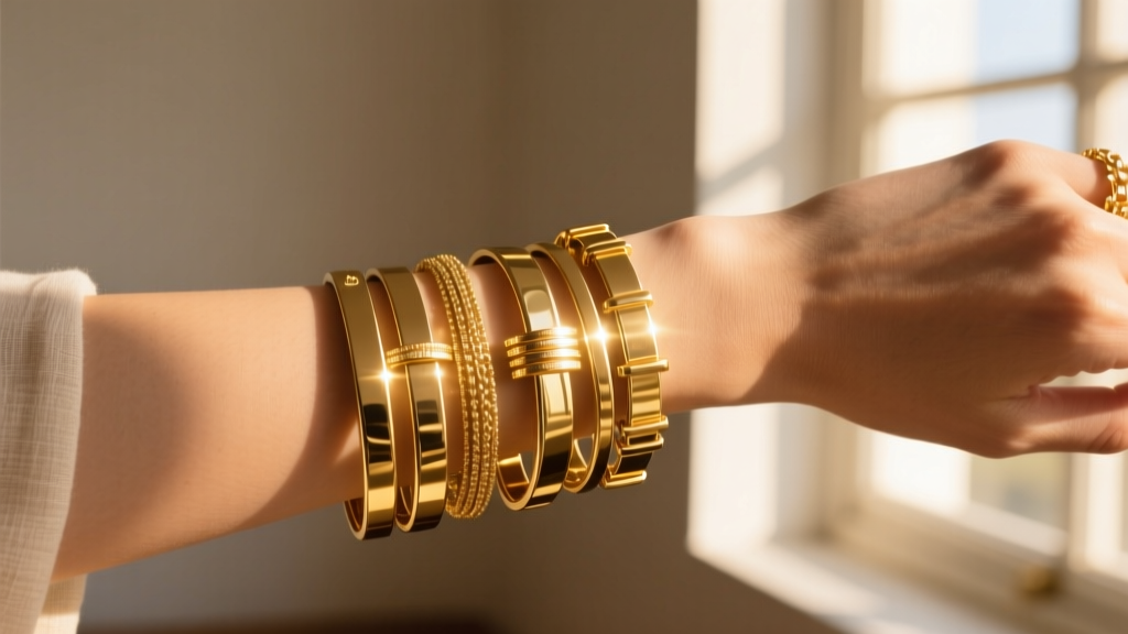Close-up of a wrist wearing stacked gold filled bracelets in warm sunlight, highlighting the bright and reflective metallic finish.