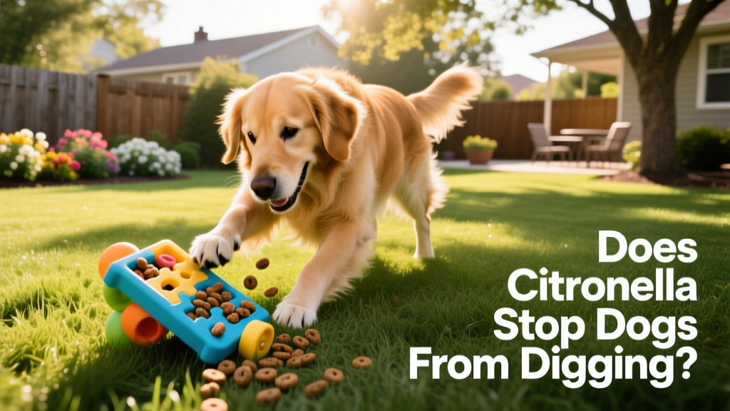 Dog playing with a puzzle toy filled with treats on grassy backyard lawn