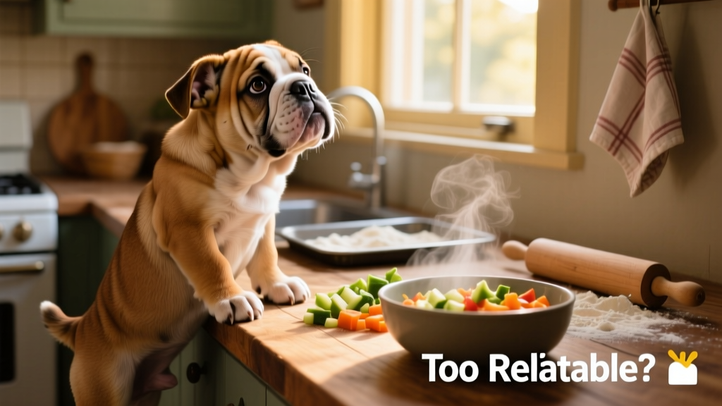 Side view of the English Bulldog puppy standing on hind legs, front paws on a counter, looking intently at food being prepared