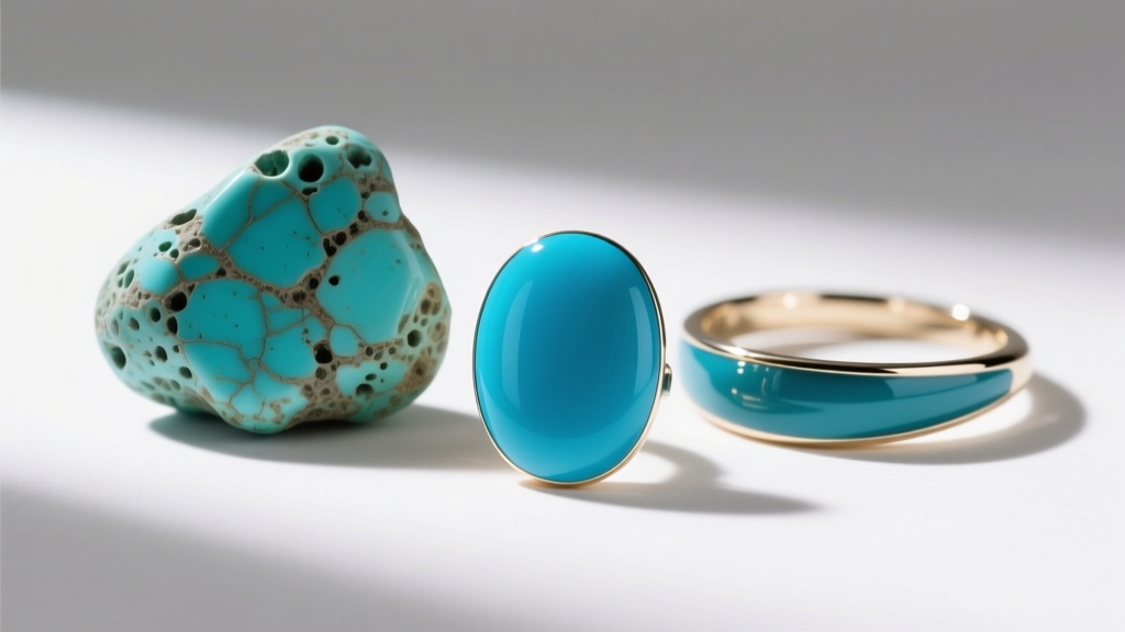 Macro shot comparing porous genuine turquoise stone with smooth, vibrant dyed howlite and glossy cold enamel jewelry components.