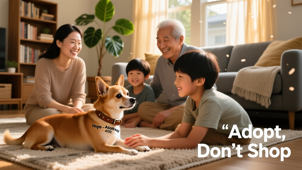 A smiling family gently interacting with a calm, well-adjusted Chihuahua rescue dog in their home living room