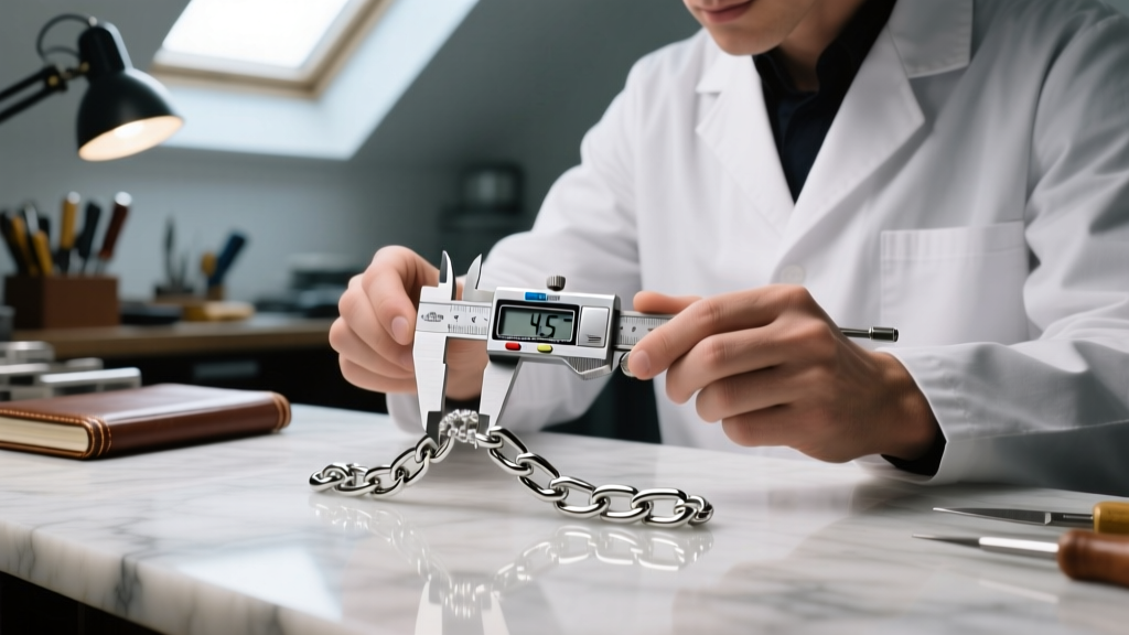 Jeweler using digital calipers to measure the 4.5mm gauge of a solid platinum cause and effect chain link on a workbench