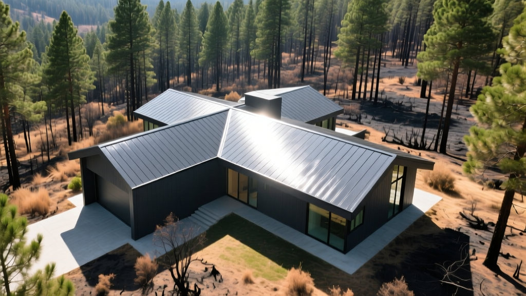 Aerial view of a modern home in a wildfire-prone pine forest featuring a dark gray standing seam metal roof reflecting sunlight and resisting embers