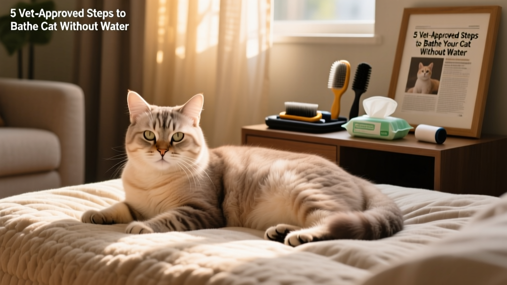 Senior cat relaxing on a cozy bed after a successful waterless grooming session, looking content and clean