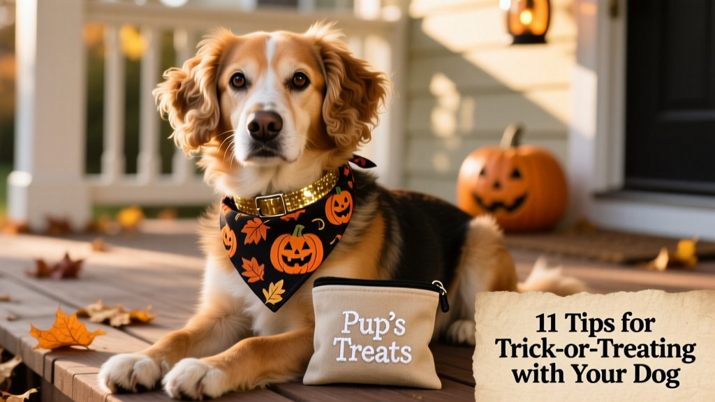 Close-up of a relaxed dog wearing a soft, patterned Halloween bandana and a reflective collar, sitting calmly beside a treat pouch