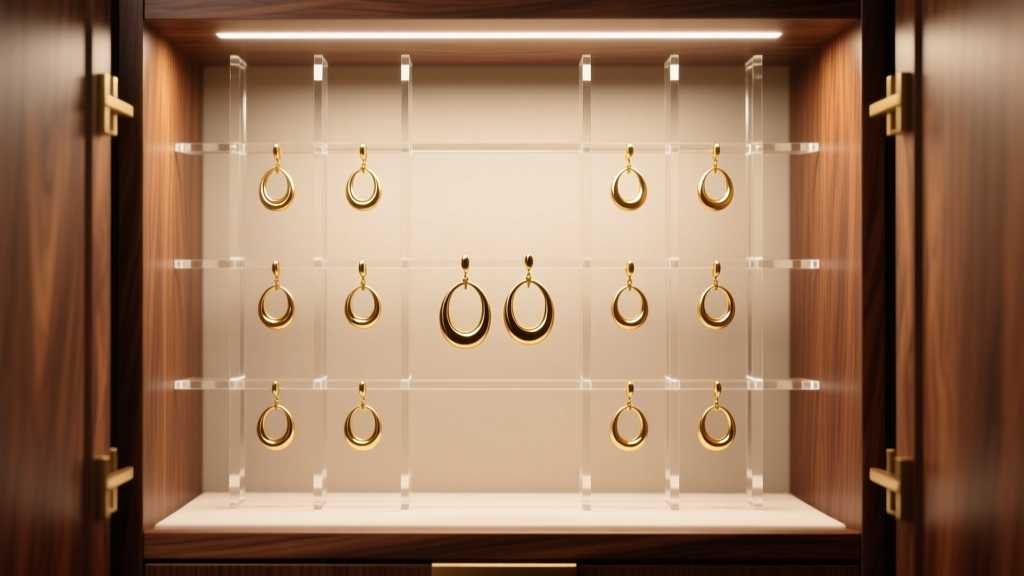 Acrylic earring display grid inside a modern walnut jewelry armoire, showcasing delicate gold hoop earrings under warm lighting.