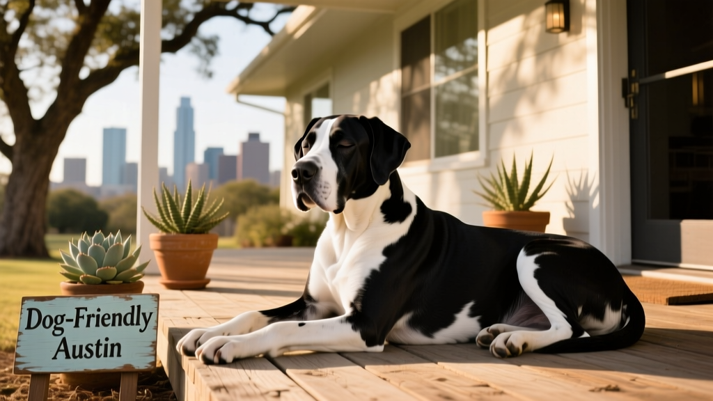 a large black and white dog relaxing on the front porch of a house in Austin, Texas