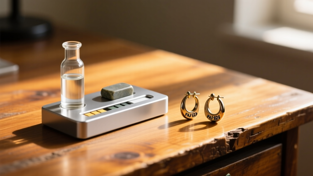 Silver testing kit with acid, testing stone, and vintage PAJ 925 hoop earrings resting on a wooden desk in warm natural sunlight