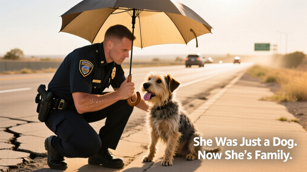 police officer bends down holding umbrella to shade dog