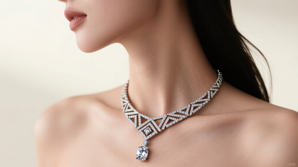 Side profile of a model wearing a diamond art deco lariat necklace, showing a precise four-inch drop resting above the sternum